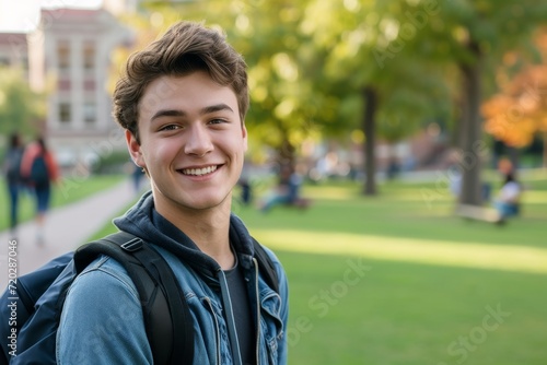 A young man wearing casual clothing stands smiling in a park surrounded by trees and grass on a fall day, exuding a sense of happiness and contentment as he poses for the camera in an outdoor setting