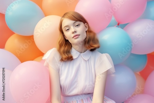 Portrait of a redhead girl in a white T-shirt and pink skirt on a background of colorful balloons. Party or Birthday concept with Copy Space.