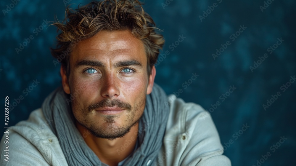 Stylish Young Man Posing with Leather Watch on Slate Blue Background Generative AI Stylish Young Man Posing with Leather Watch on Slate Blue Background Generative AI