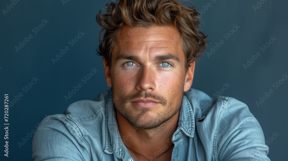 Stylish Young Man Posing with Leather Watch on Slate Blue Background Generative AI Stylish Young Man Posing with Leather Watch on Slate Blue Background Generative AI