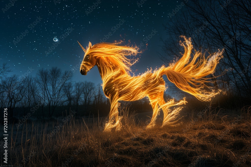 Under the starry night sky, a majestic horse gallops through the fiery grass, its powerful presence igniting the outdoor landscape