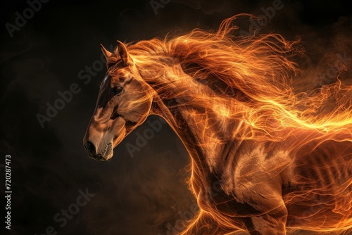 In the golden light of the outdoor sunset  a magnificent mammal gallops through the fields with flames dancing from its fiery mane  exuding power and grace