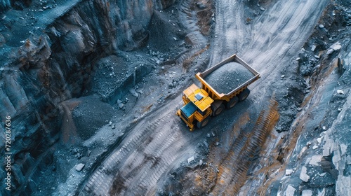 Mining Landscape Giants: Massive Haul Truck Transporting Minerals from an Open-Pit Mine - A Drone Shot Capturing the Magnitude of Mining Activities in a Valuable Resources Landscape.