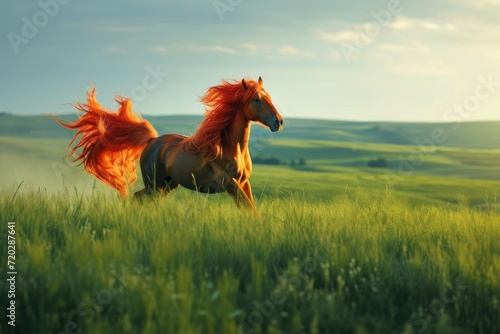A majestic horse gallops freely in a lush green meadow, under the vast blue sky, surrounded by wild plants and peaceful livestock photo