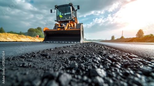 Precision Paving: Road Construction Excellence - A Paver Machine Laying Asphalt on a Newly Built Highway, Illustrating the Technology Behind Smooth Road Surfaces.