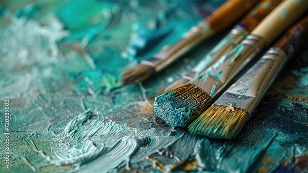 Naklejka premium Artistic paintbrushes resting on a textured, turquoise painted canvas