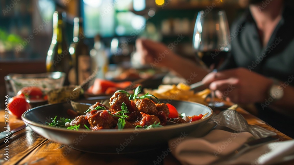 Gourmet meatball dish served with wine in a cozy setting