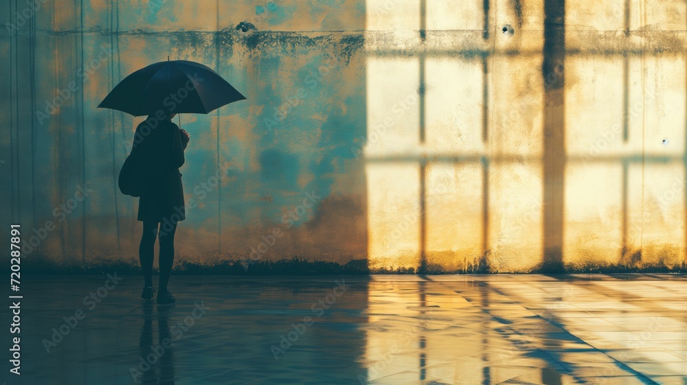 Lonely figure holding umbrella against a golden lit rainy backdrop