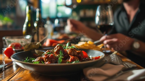 Gourmet meatball dish served with wine in a cozy setting