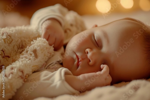 A peaceful slumber captured, as a tiny newborn rests with their favorite stuffed animal, surrounded by the warmth and comfort of a human face