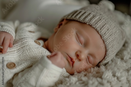A peaceful slumber envelops the tiny boy, his soft skin peeking out from under the cozy knit hat as he rests in the comfort of his indoor nap photo