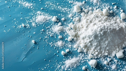 White powder scattered on a blue surface