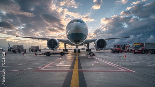 Ground Operations at Airport - A Wide-Angle Shot of Support Vehicles Surrounding an Airplane on the Tarmac, Illustrating Coordinated Efforts in Aircraft Preparation