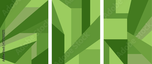 Aerial view of farmland field. Vibrant green colors. Top view of agricultural land vertical posters. Abstract geometric green shapes patch. Advertising, promotional content.