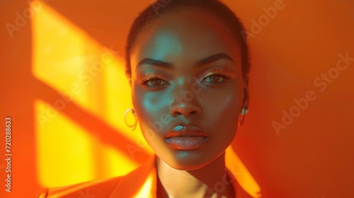 Stylish Woman with Pixie Cut in Bright Blazer on Soft Orange Background Generative AI