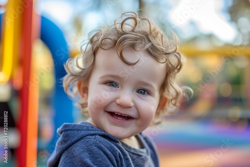 A joyful young boy, dressed in playful clothing, beams with happiness as he poses for the camera on a sunny day at the playground