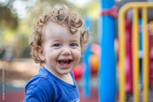 A playful toddler beams with pure joy, captured in a candid moment on a bright blue playground, showcasing his adorable baby face and stylish clothing as a young child model