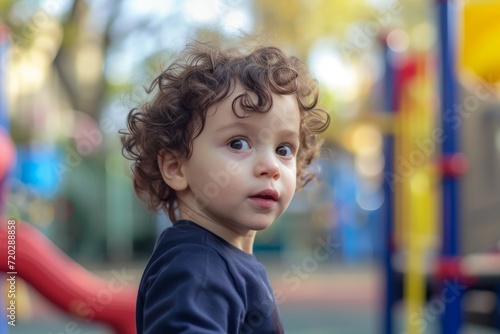 A playful young boy with wild curls gazes confidently into the camera, his vibrant clothing blending seamlessly with the vibrant outdoor playground behind him