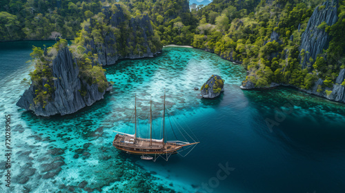 A ship tied to limestone islands