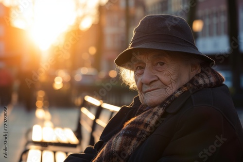 A stylish elderly woman sits gracefully on a park bench, her sun hat adding a touch of elegance to her fashionable ensemble as she gazes at the bustling city street ahead