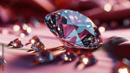 Bellissimo diamante e altre pietre preziose su tessuto rosa photo