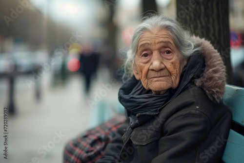 Amidst the bustling street, a wise woman sits on a bench, her wrinkled face and warm winter coat a portrait of resilience and grace