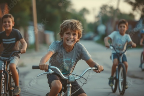 A group of adventurous children riding their bicycles through the beautiful outdoor landscape, with big smiles on their faces as they enjoy the thrill of cycling and the freedom of the open road