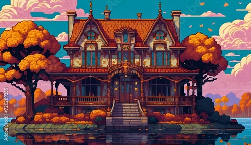 Art Nouveau Influence in Pixel Art, Showcasing a Charming Autumnal House with Delicate Design.