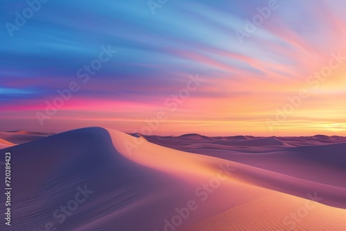 Vibrant hues of the sky meet the serene landscape of a singing sand dune, as the sun sets over the peaceful desert horizon © ChaoticMind