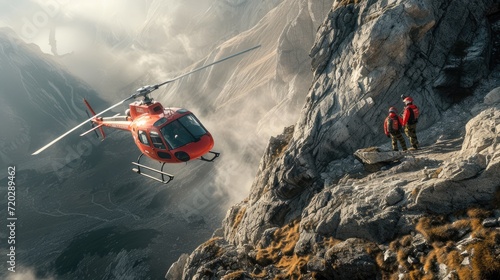 Aerial Lifesaver: Helicopter Rescue - Search and Rescue Helicopter Hovering Dramatically Above Mountainous Terrain, Showcasing the Crucial Role of Helicopters in Emergency Situations.
