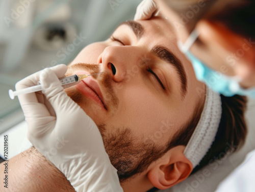 Man injection for lip ,Male aesthetic medicine. Cosmetology procedure in beauty clinic