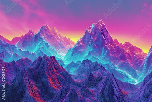 A majestic mountain range stands tall as the vibrant sky above paints a breathtaking backdrop for the rugged landscape and its towering summit photo
