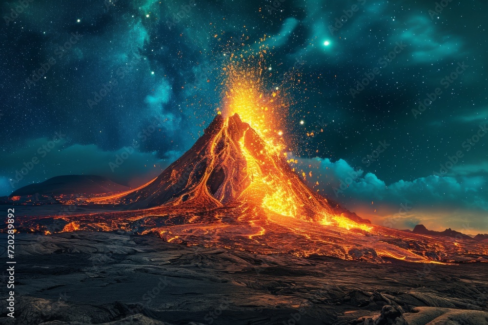 The fiery breath of the volcano lit up the night sky with sparks and molten lava, a fierce reminder of nature's raw power and the ever-present heat of the earth's core
