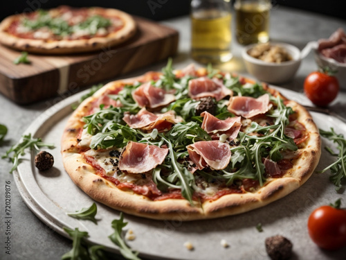 a pizza with unique and gourmet toppings, such as truffle, arugula, and prosciutto