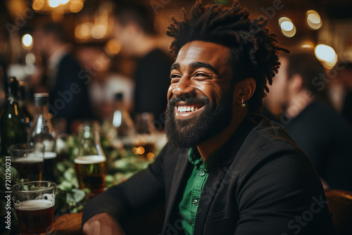 Diverse Multiethnic Men Celebrating St. Patricks Day in Green Clothing at Irish Pub