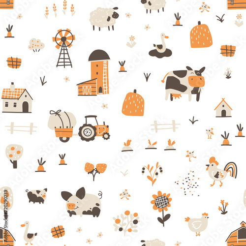 Farm cartoon seamless pattern. Vector funny hand-drawn characters of domestic animals, countryside, houses and sheds with tractor and garden. Trendy doodle Scandinavian style, beige neutral palette.