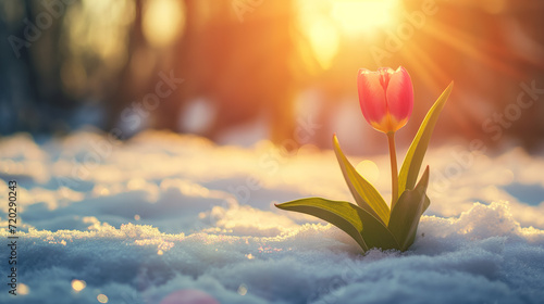 Single Red Tulip Rises from Snowy Ground as Sun Sets, Merging of Winter and Spring #720290243