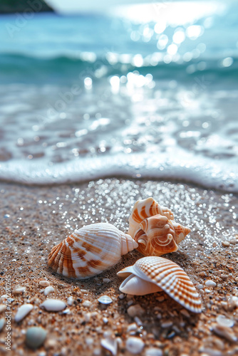Beautiful seashells on the seashore. selective focus. Generative AI, © Milena