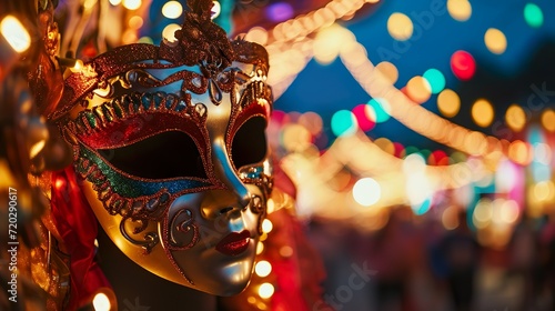 Carnival masquerade parade mask on blurred dark blue background with bokeh lights and garlands. Copy space. For Venetian costume festival celebration, invitation, promotion. © lanters_fla