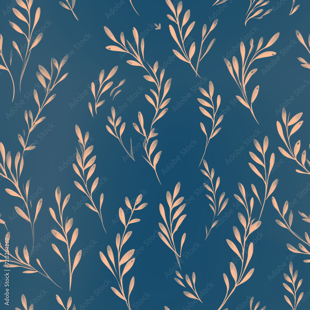 Flowers, leaves and plants pattern on blue color.Pencil, hand drawn botanical seamless pattern