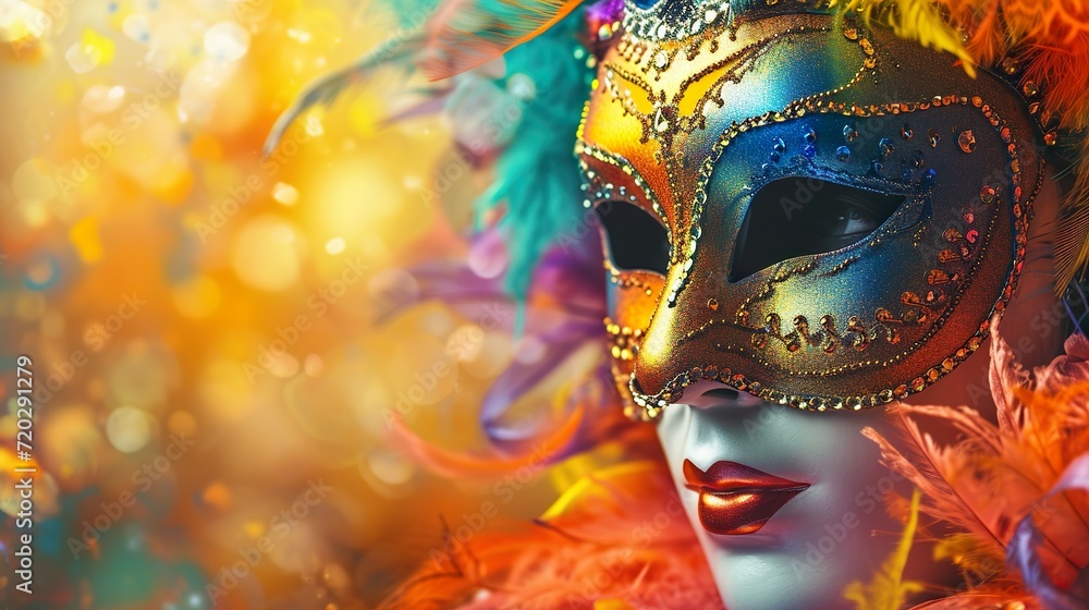 Colorful carnival masquerade parade mask on blurred yellow background with bokeh lights. Copy space. For Venetian costume festival celebration, invitation, promotion.