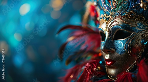 Colorful carnival masquerade parade mask on blurred dark blue background with bokeh lights. Copy space. For Venetian costume festival celebration, invitation, promotion.