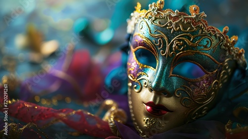 Carnival masquerade parade mask on a blurred dark blue background with colored ribbons and confetti. Copy space. For Venetian costume festival celebration, invitation, promotion. © lanters_fla