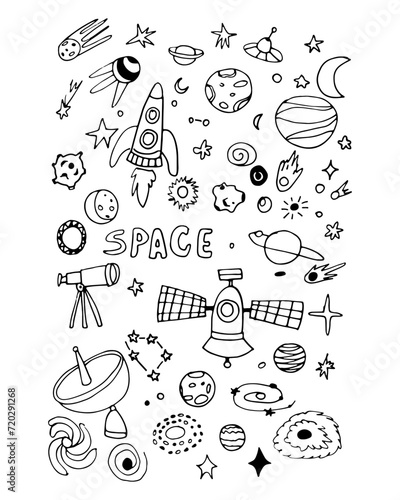 Vector illustration , space set , different space elements , hand drawn doodle cartoon stars ,