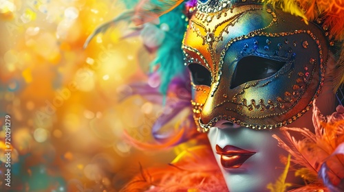 Colorful carnival masquerade parade mask on blurred yellow background with bokeh lights. Copy space. For Venetian costume festival celebration, invitation, promotion. © lanters_fla