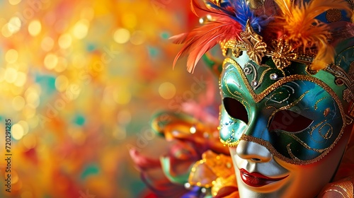 Colorful carnival masquerade parade mask on blurred dark blue background with bokeh lights. Copy space. For Venetian costume festival celebration, invitation, promotion. © lanters_fla