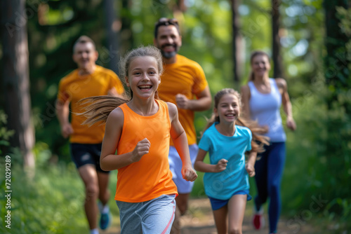 Cheerful active family jogging in public park together having fun lifestyle