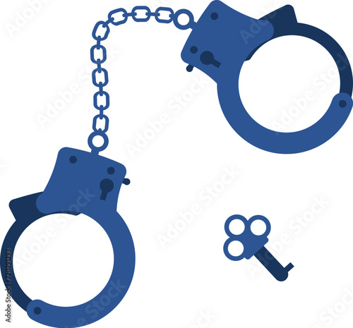 Handcuffs and key isolated. Clean and minimalist flat style. Criminal justice related designs and concepts. Toy for adults.