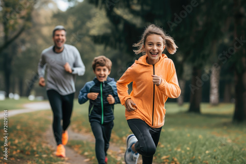 Cheerful active family jogging in public park together having fun lifestyle