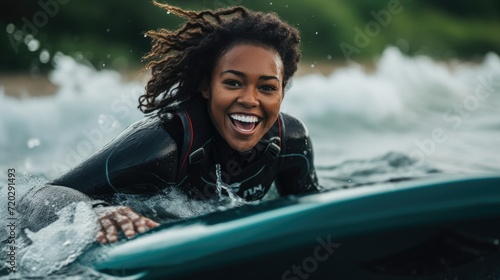 a black girl surfing in the sea take by professional photographer a great day in the stoke © Monkey